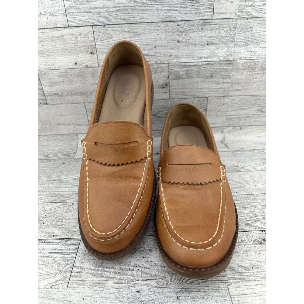 Sperry Seaport‎ Penny Loafers Women Size 7 Tan Leather Slip On Shoes STS82848
